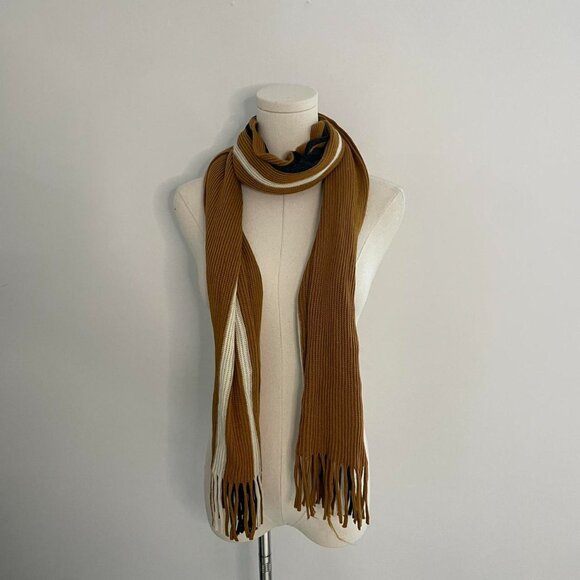 Striped Knit Fringe Scarf  | Mustard, Black & Cream - Picture 2 of 5